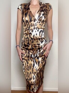 CACHE Leopard Animal Print Ruched Wiggle Pencil Midi Dress 90's Vintage size 6